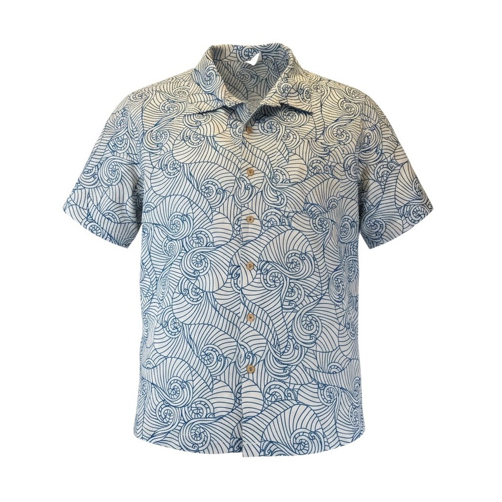 Barefoot in Paradise Mens Blue White Swirl Wave Print Button Up Shirt Large